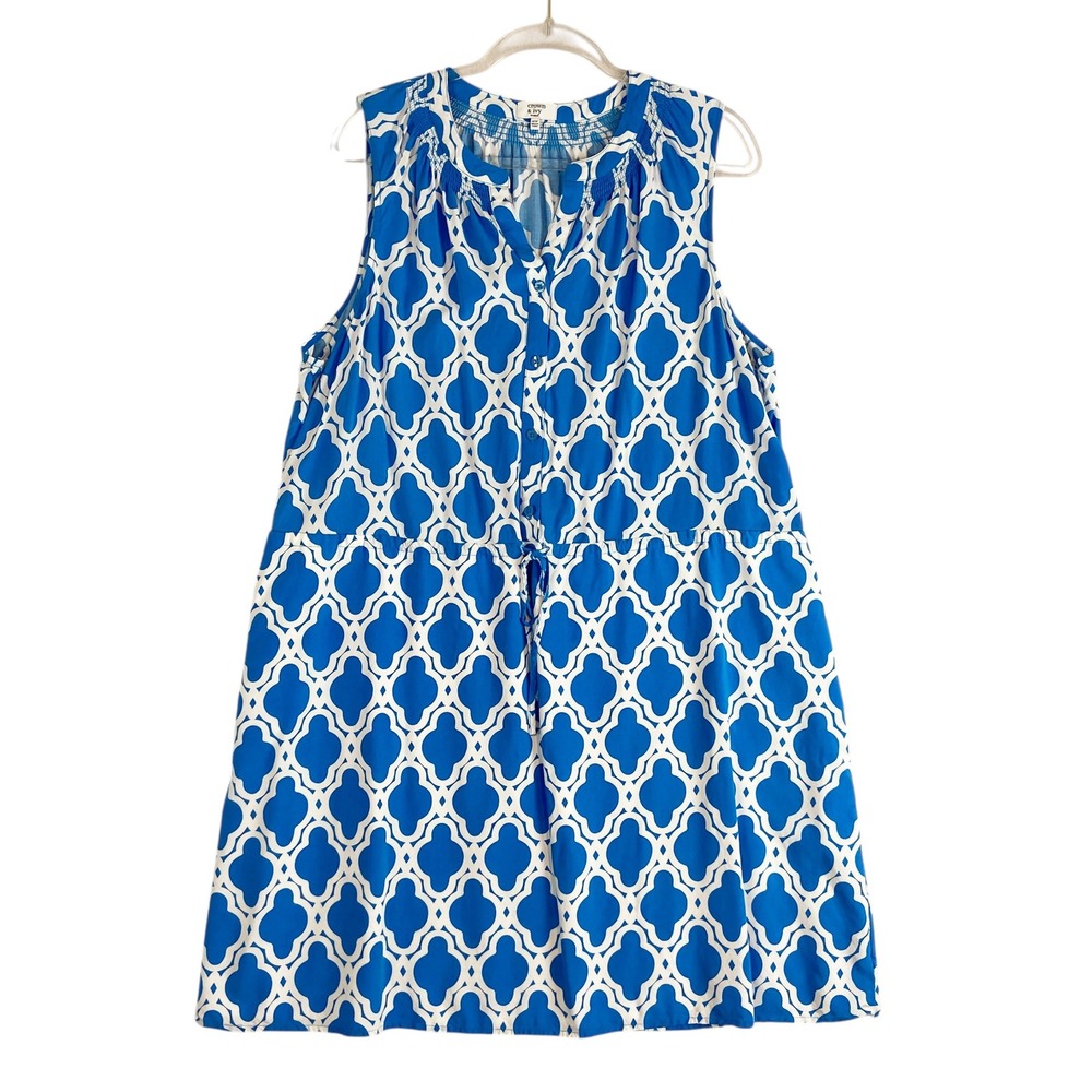 Crown & Ivy Woman Blue White Geometric Trellis Sleeveless Dress 18W Rayon Pocket